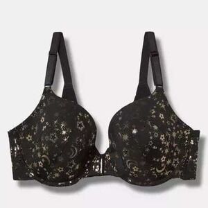 NEW Torrid 42D Perfect T-Shirt Front-Close Bra Black Gold Star Moon Pointellism